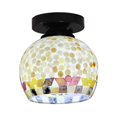 Beige Ceiling Light Fixture with Geometric/Circle/Square Pattern Tiffany Mosaic Glass 1 Bulb Flush Mount Ceiling Light