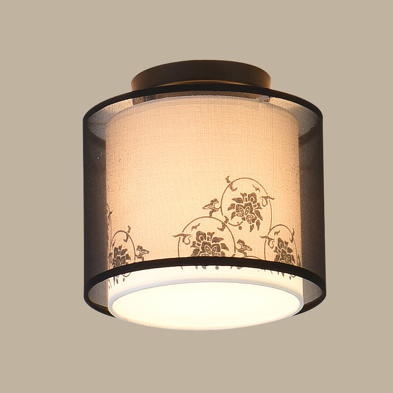 1-Bulb Ceiling Flush Mount Vintage Hallway Flush Lamp with Double Fabric Shade in Black