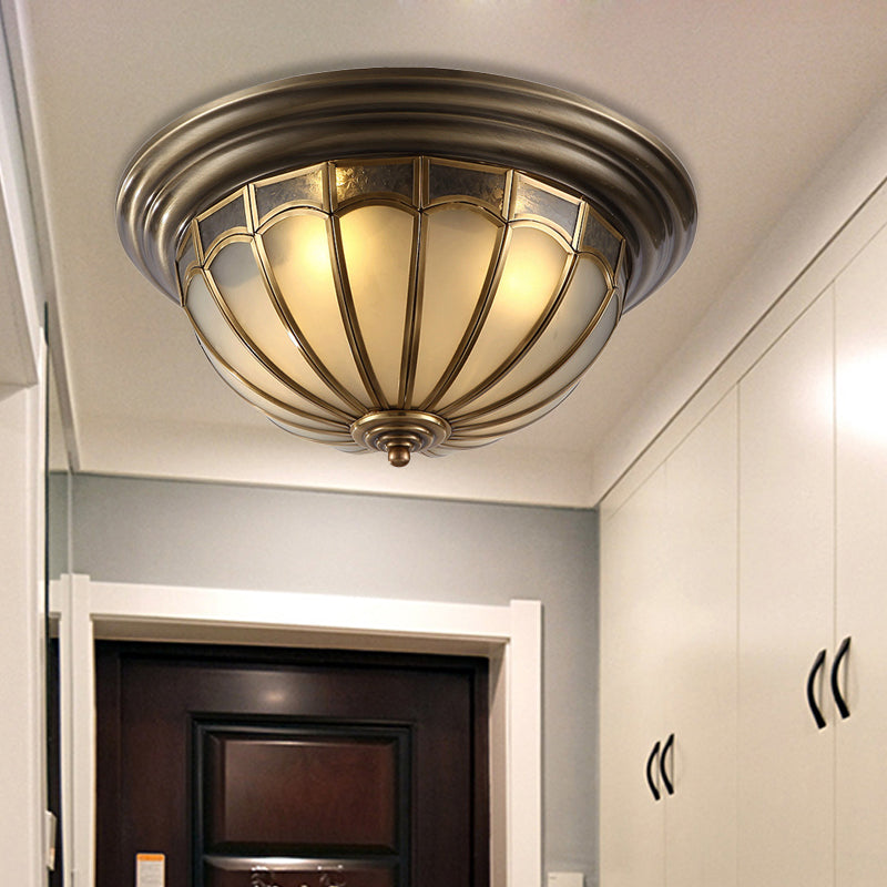 Frosted Glass Bowl Ceiling Light Colonial 4 Bulbs Bedroom Flush Mount Lamp in Antique Brass