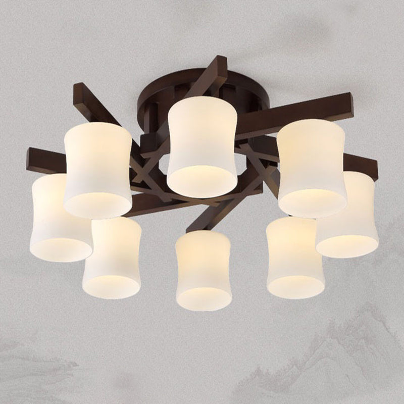 Chinese Style Wooden Semi Flush Mount Lighting White Acrylic Shade Ceiling Lamp for Dining Room