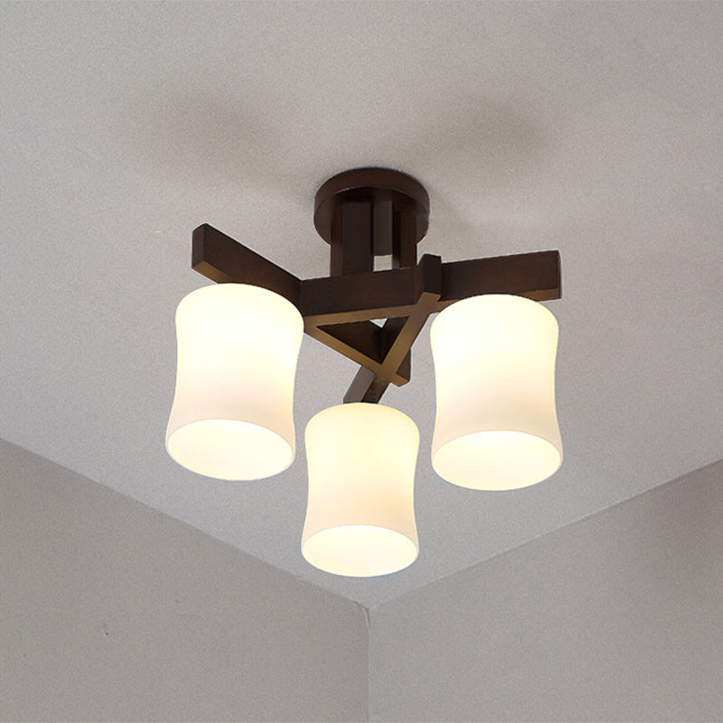 Chinese Style Wooden Semi Flush Mount Lighting White Acrylic Shade Ceiling Lamp for Dining Room