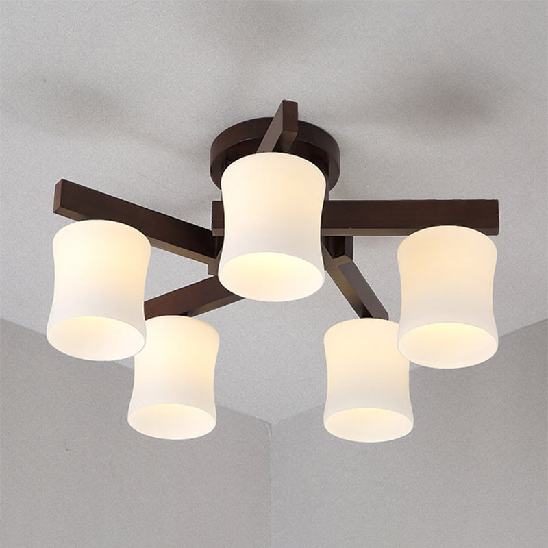 Chinese Style Wooden Semi Flush Mount Lighting White Acrylic Shade Ceiling Lamp for Dining Room