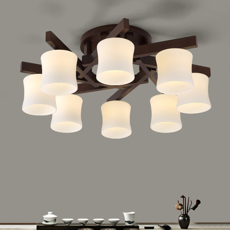 Chinese Style Wooden Semi Flush Mount Lighting White Acrylic Shade Ceiling Lamp for Dining Room