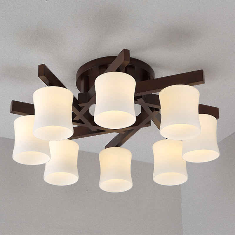 Chinese Style Wooden Semi Flush Mount Lighting White Acrylic Shade Ceiling Lamp for Dining Room