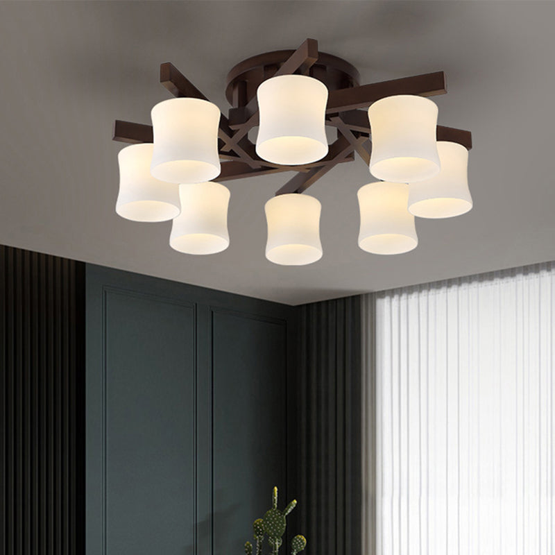 Chinese Style Wooden Semi Flush Mount Lighting White Acrylic Shade Ceiling Lamp for Dining Room