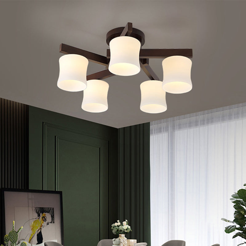 Chinese Style Wooden Semi Flush Mount Lighting White Acrylic Shade Ceiling Lamp for Dining Room