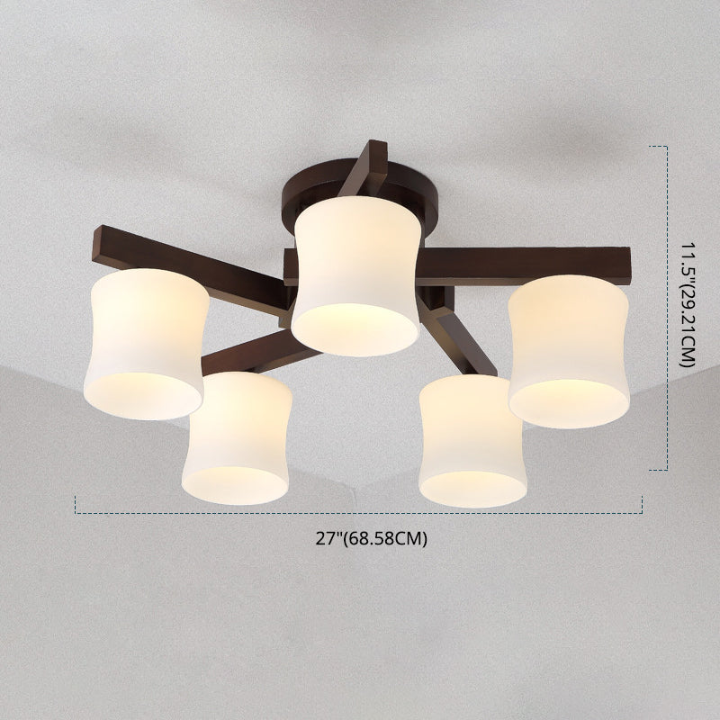 Chinese Style Wooden Semi Flush Mount Lighting White Acrylic Shade Ceiling Lamp for Dining Room