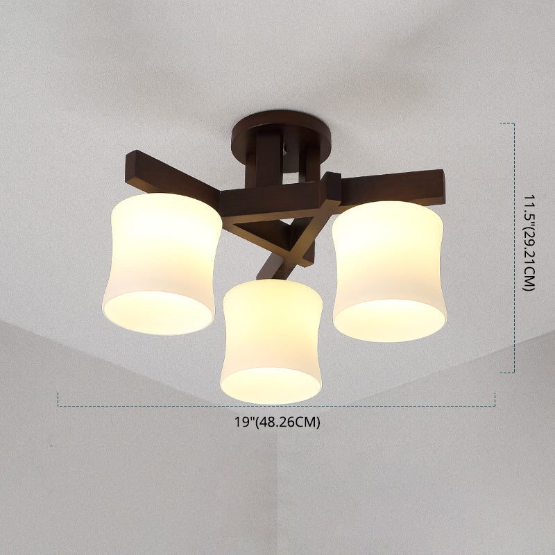 Chinese Style Wooden Semi Flush Mount Lighting White Acrylic Shade Ceiling Lamp for Dining Room