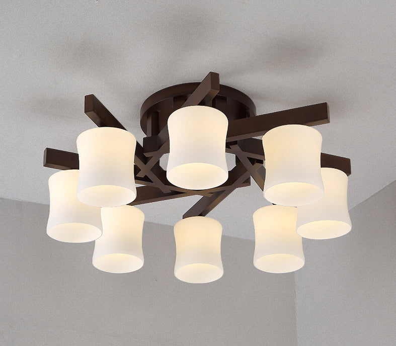 Chinese Style Wooden Semi Flush Mount Lighting White Acrylic Shade Ceiling Lamp for Dining Room