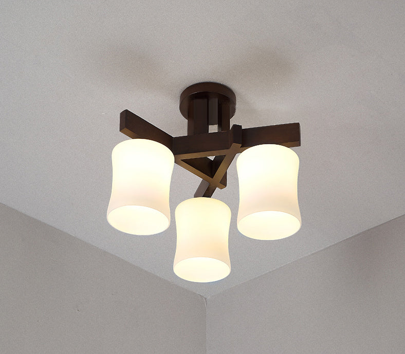 Chinese Style Wooden Semi Flush Mount Lighting White Acrylic Shade Ceiling Lamp for Dining Room