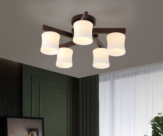 Chinese Style Wooden Semi Flush Mount Lighting White Acrylic Shade Ceiling Lamp for Dining Room