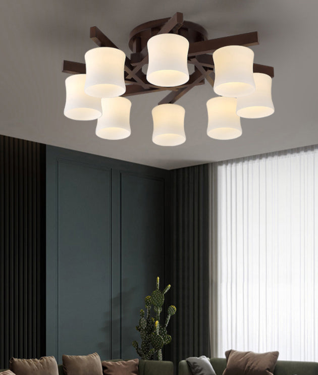 Chinese Style Wooden Semi Flush Mount Lighting White Acrylic Shade Ceiling Lamp for Dining Room