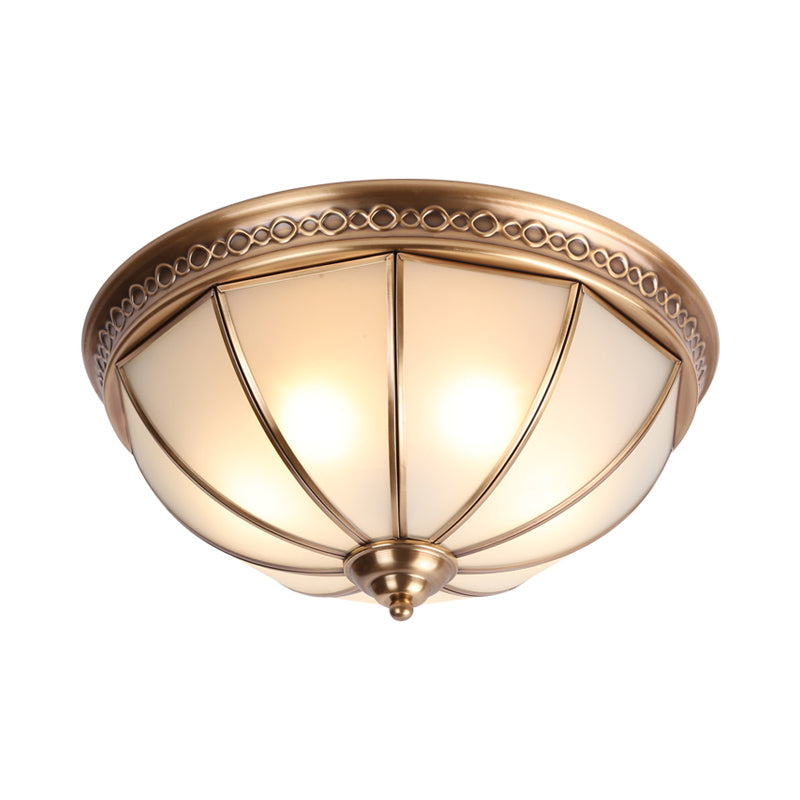 Colonial Dome Ceiling Flush Mount Light 3 Bulbes Ivory Glass Lighting Fixture in Brass for Bedroom