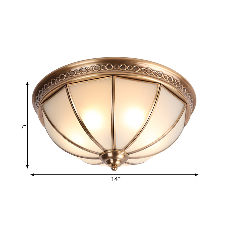 Colonial Dome Ceiling Flush Mount Light 3 Bulbes Ivory Glass Lighting Fixture in Brass for Bedroom