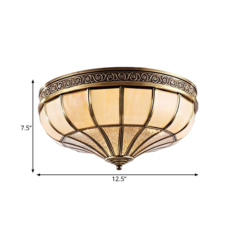 Kuppel-Schlafzimmer-Unterputzlampe, undurchsichtiges Glas im Kolonialstil, 3/4-flammig, Messing-Deckenleuchte, 12,5"/16" B