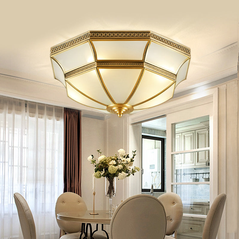 Opal-White Glass Brass Ceiling Mount Dome 3/4-Light Colonialism Flush Mount Chandelier for Bedroom, 14 "/18" W