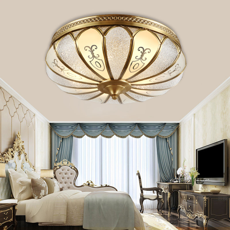 Brass 3 Lights Flush Mount Fixture Colonialism Curved Frosted Glass Scalloped Ceiling Mounted Light for Living Room