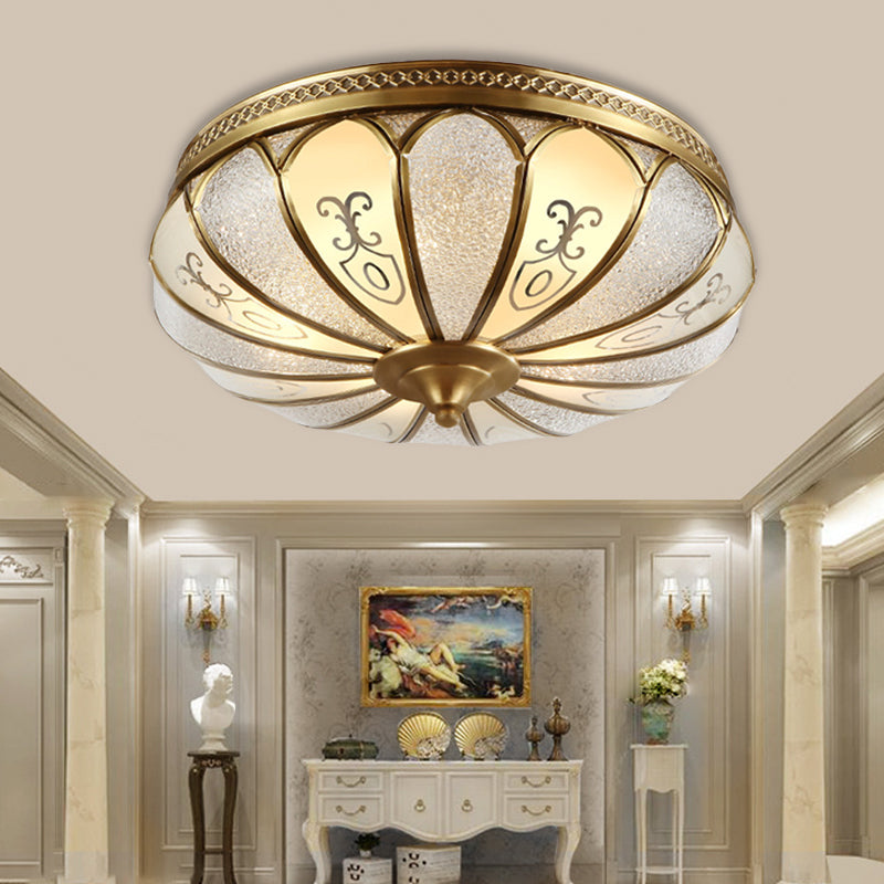 Brass 3 Lights Flush Mount Fixture Colonialism Curved Frosted Glass Scalloped Ceiling Mounted Light for Living Room