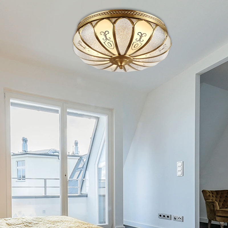 Brass 3 Lights Flush Mount Fixture Colonialism Curved Frosted Glass Scalloped Ceiling Mounted Light for Living Room