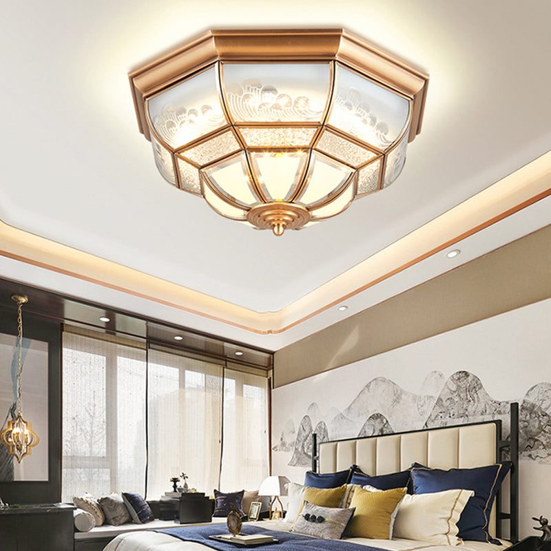 13 "/21" W LED Bowl Massimale Light Colonial Brass Bocca Soffiato Opal Glass Flush Light Fixture per Bedroom