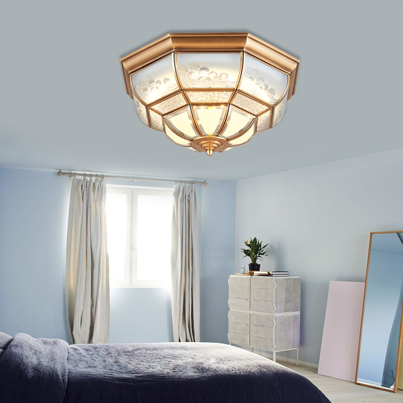 13"/21" W LED Bowl Ceiling Light Colonial Brass Mouth Blown Opal Glass Flush Light Fixture for Bedroom