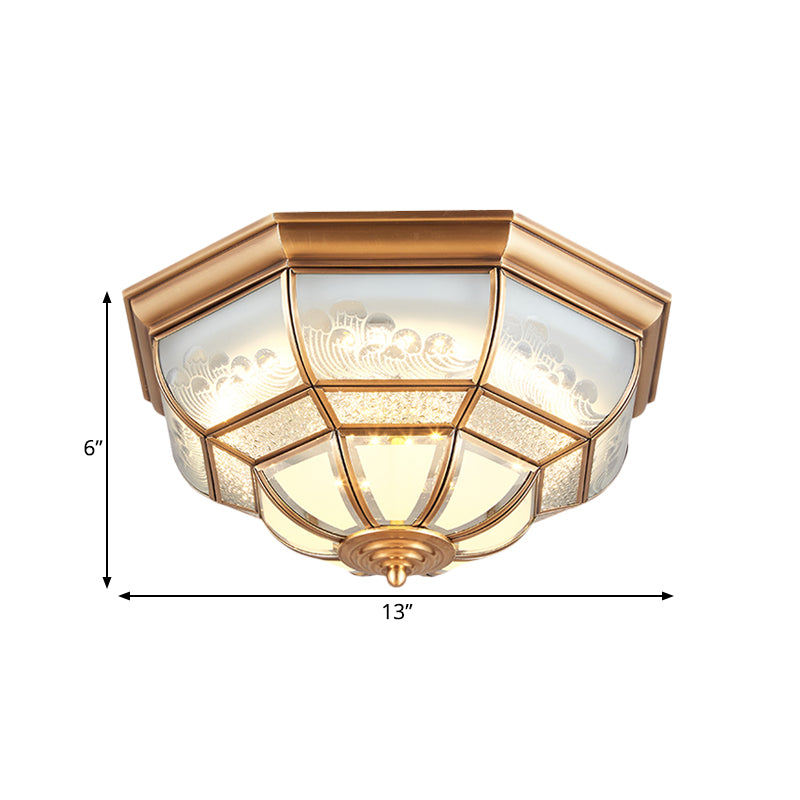 El dormitorio utiliza una lámpara de techo de tazón LED de 13 "/ 21" W. la boca de cobre amarillo de la colonia sopla una lámpara incorporada de vidrio ópalo.