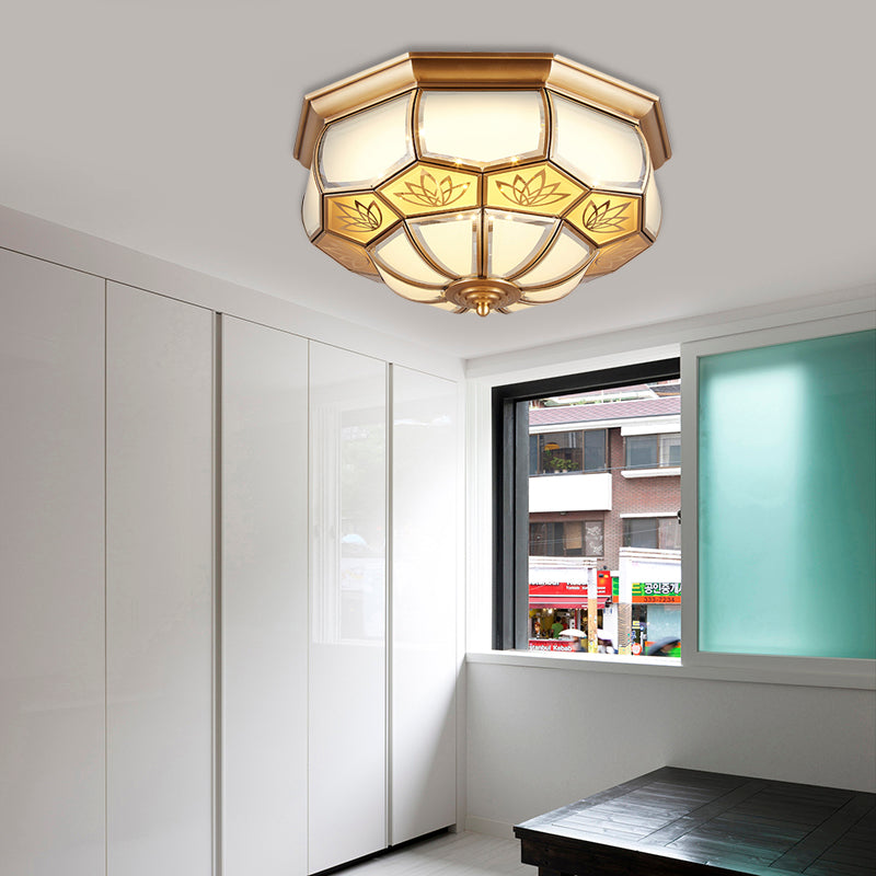 Dome Woonkamer Flush Mount Licht Colonial Blown Opal Glas LED Messing Dicht bij Plafond Lamp, 13"/21" W