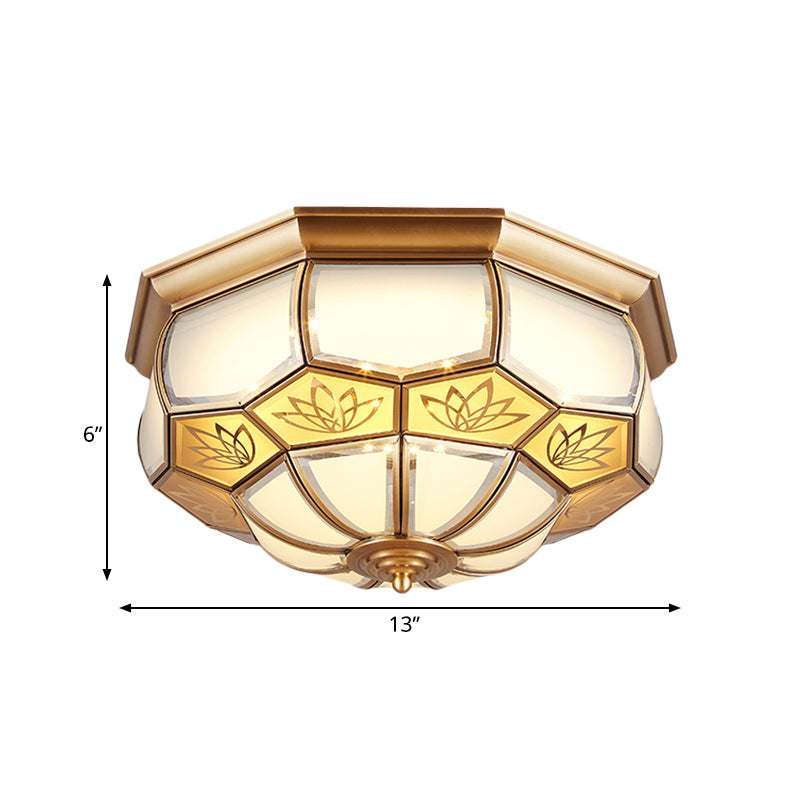 Dome Living Room Luce di montaggio a incasso Coloniale Soffiato Opale Vetro LED Ottone vicino alla lampada da soffitto, 13 "/21" W