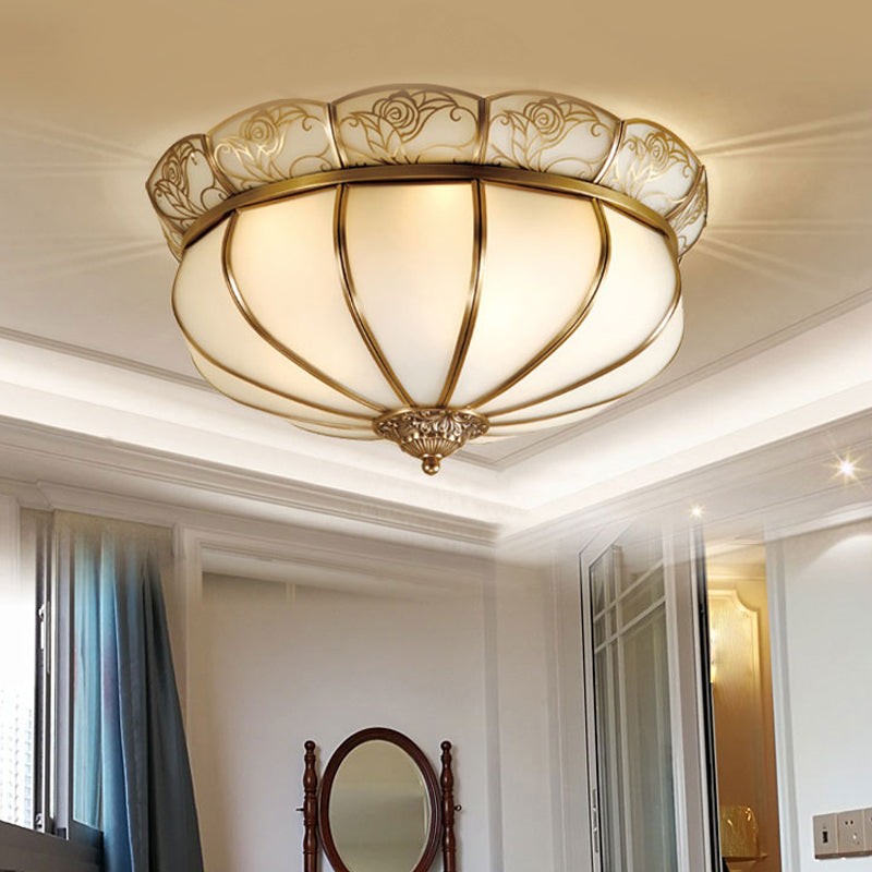 Cream Glass Dome Ceiling Lighting Colonial 5 Heads Bedroom Flush Mount Fixture in Brass