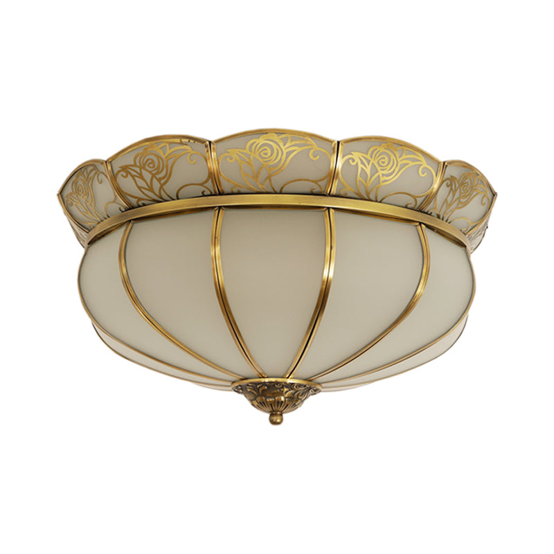 Cream Glass Dome Ceiling Lighting Colonial 5 Heads Bedroom Flush Mount Fixture in Brass