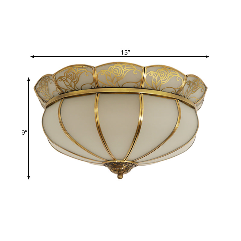 Cream Glass Dome Ceiling Lighting Colonial 5 Heads Bedroom Flush Mount Fixture in Brass