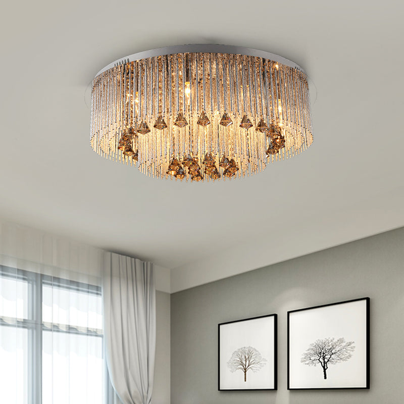 Round Flush Light Contemporary Crystal 9/12/18 Bulbs Nickel Ceiling Mounted Fixture for Living Room