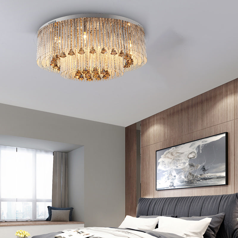 Round Flush Light Contemporary Crystal 9/12/18 Bulbs Nickel Ceiling Mounted Fixture for Living Room