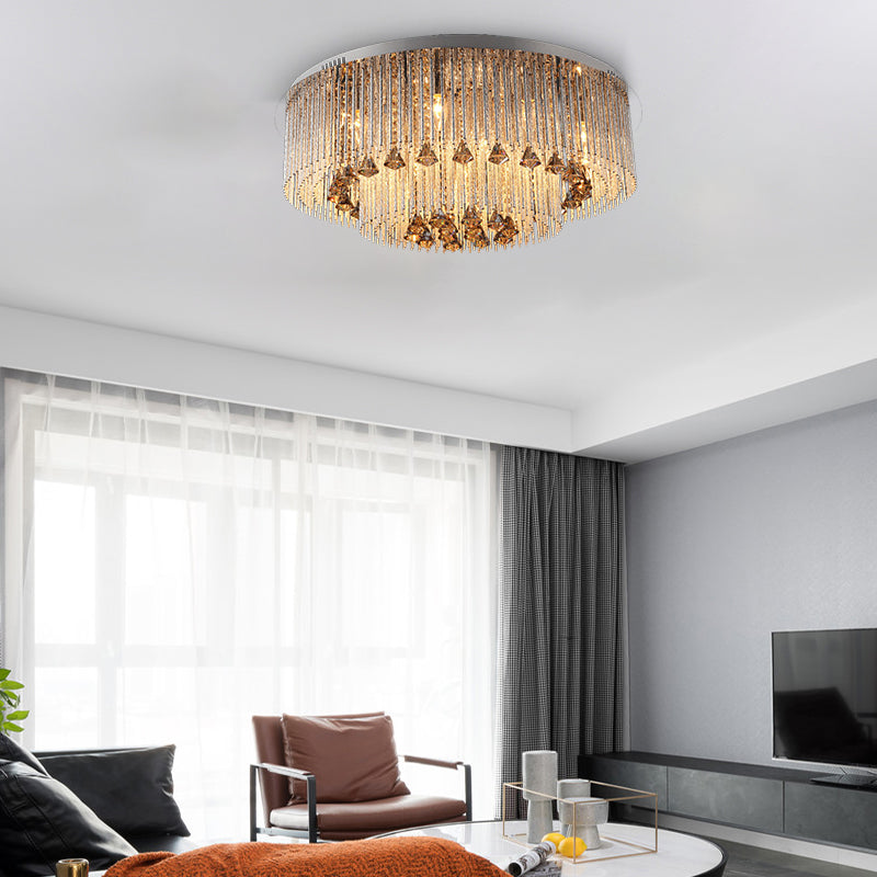 Lumière ronde Cristal Contemporain Cristal 9/12/18 Bulbes Nickel Plafond Fixation Montée pour Salon