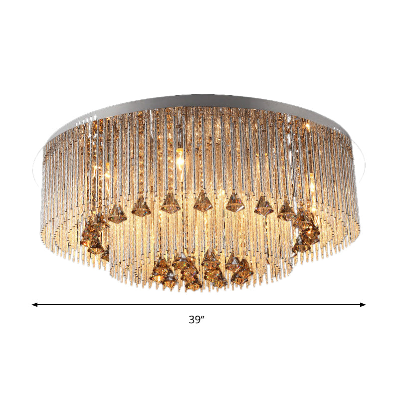 Round Flush Light Contemporary Crystal 9/12/18 Bulbs Nickel Ceiling Mounted Fixture for Living Room