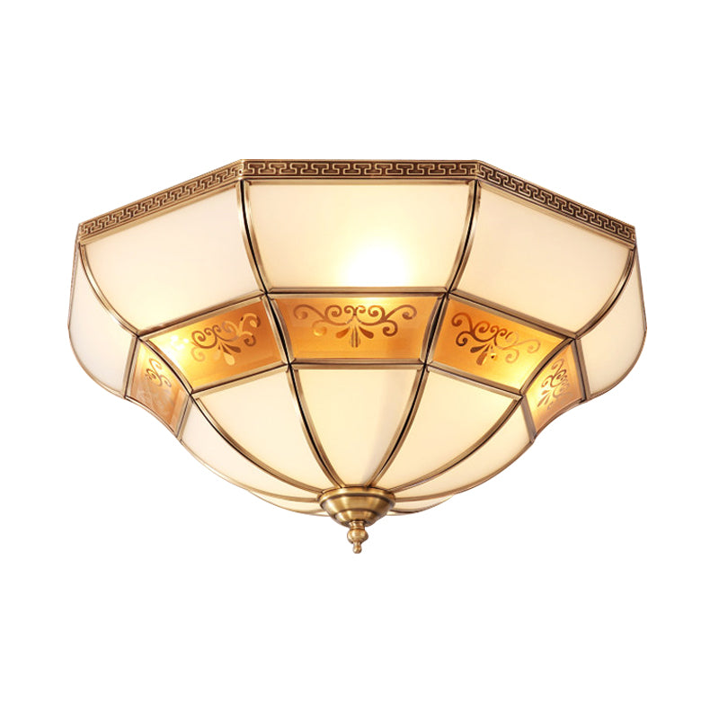 Colonialism Bell Ceiling Mount Light Fixture 3 Bulbs Ivory Glass Flush Mount Chandelier in Brass for Bedroom