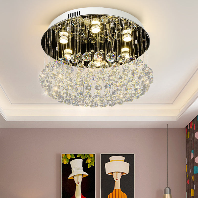 Lampada da incasso a soffitto moderna in nichel a 6 teste con sfera di cristallo rotonda