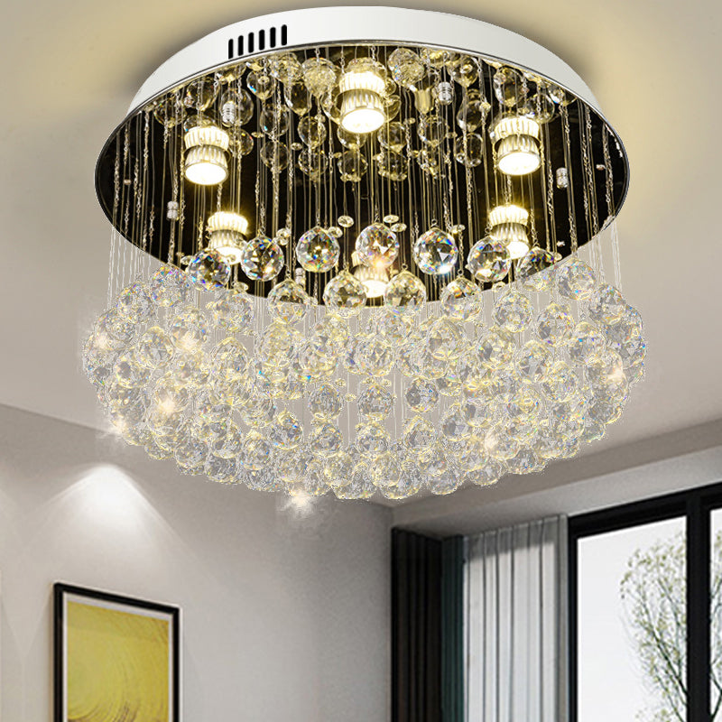 Round Crystal Ball Flushmount Contemporary 6 Heads Nickel Ceiling Mount Light Fixture