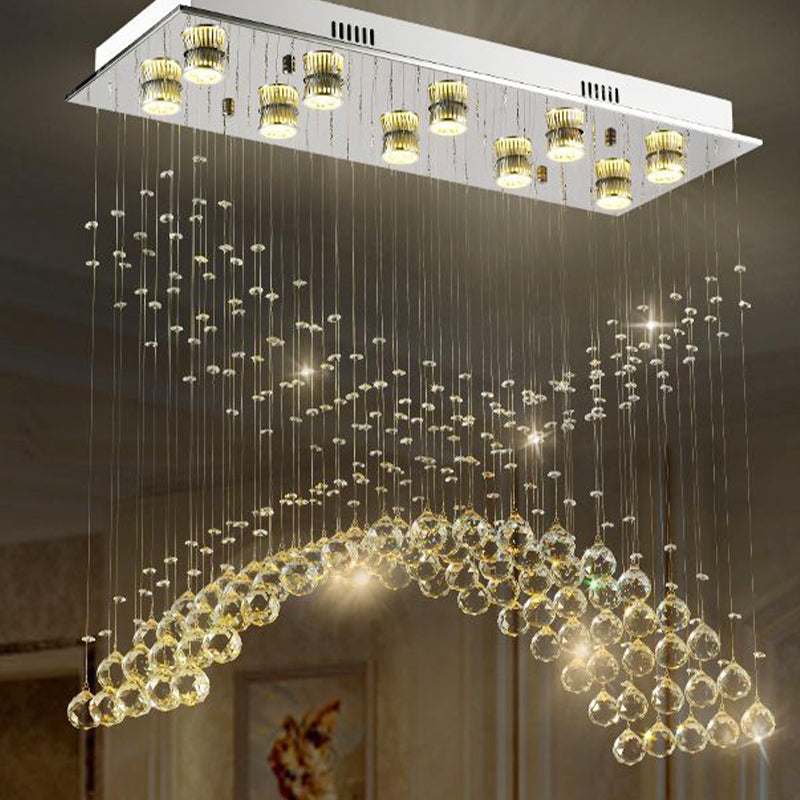 10 Heads Bend Flush Mount Contemporary Crystal Ceiling Light Fixture in Nickel