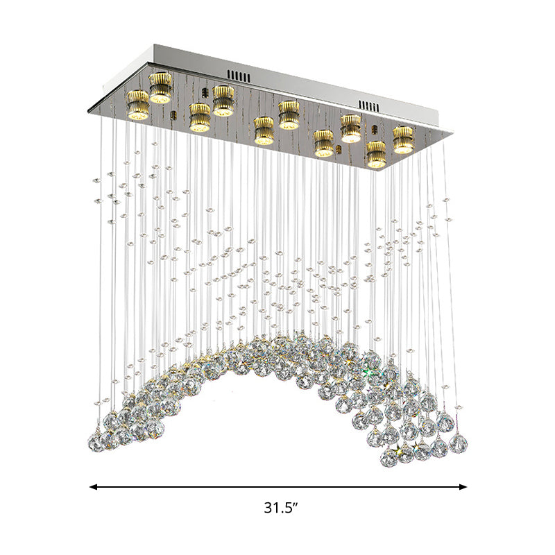 Lámpara de techo de cristal contemporánea con montaje empotrado curvado de 10 cabezales en níquel