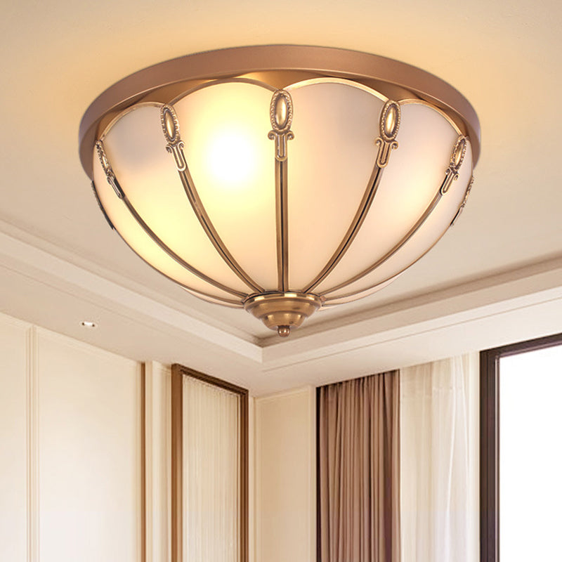 Dome Opaline Glass Ceiling Mounted Fixture Colonial 3/4 Bulbs Bedroom Flush Mount Ceiling Lamp in Brass