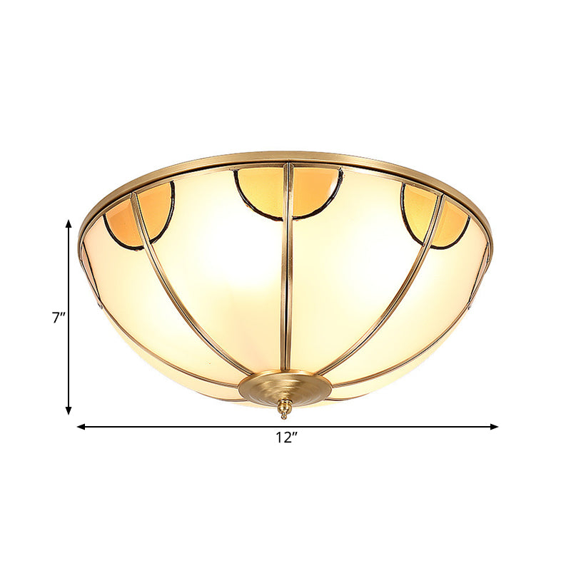 Brass 3 Lights Flush Mount Lamp Colonialism Sandblasted Glass Dome Ceiling Light Fixture for Living Room