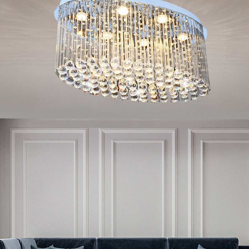 Nickel Oval Flush Mount Modernism 6 Heads Crystal Close to Ceiling Light for Dining Room