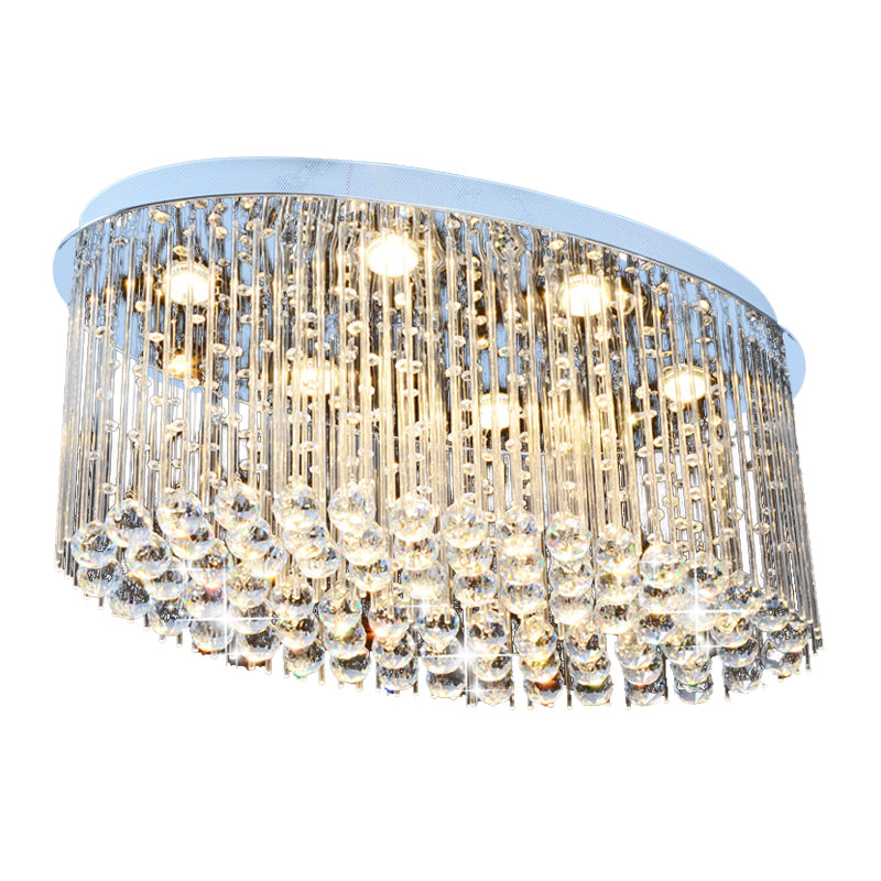 Nickel Oval Flush Mount Modernism 6 Heads Crystal Close to Ceiling Light for Dining Room