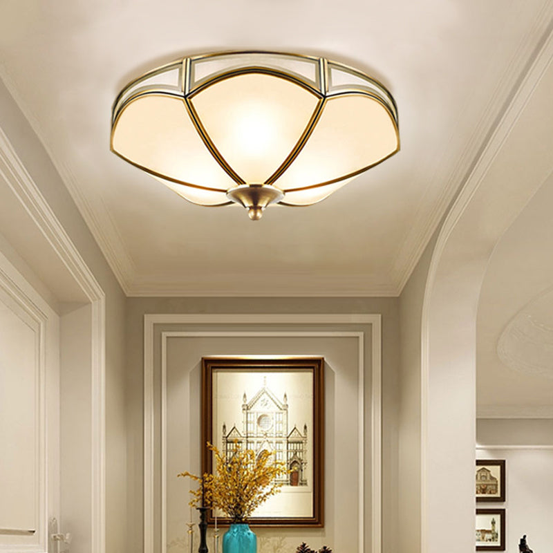 Frosted White Glass Brass Ceiling Flush Scallop 3 Heads Colonialist Flush Mount Lamp for Hallway