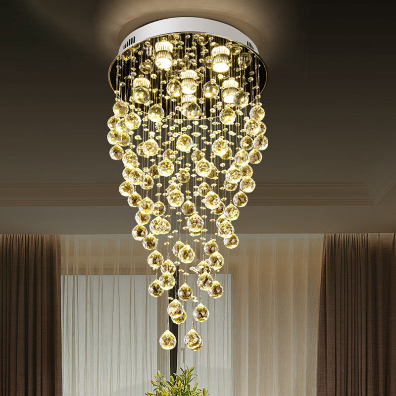 Cascade Flushmount Contemporary Faceted Crystal 6 Heads Nickel Ceiling Light Fixture