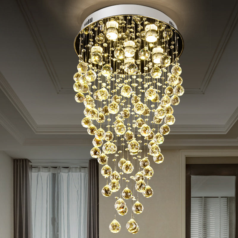 Cascade Flushmount Contemporary Faceted Crystal 6 Heads Nickel Ceiling Light Fixture