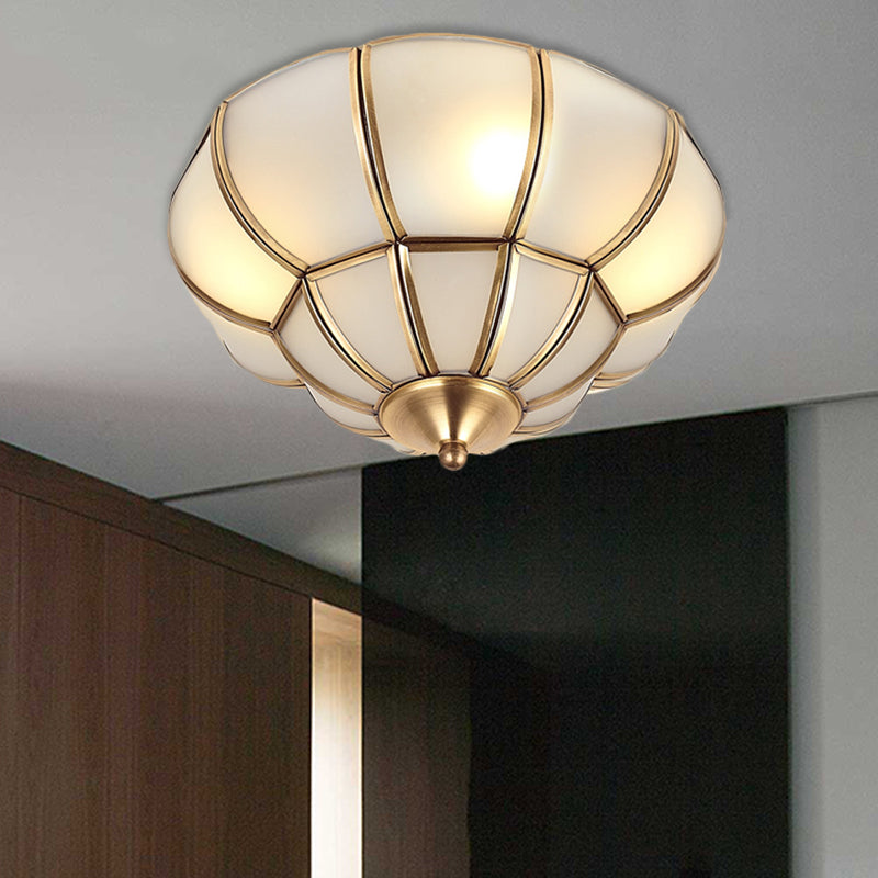 Colonialism Scallop Ceiling Mounted Light 11"/18" W 3 Bulbs Satin Opal Glass Flush Mount Chandelier in Brass