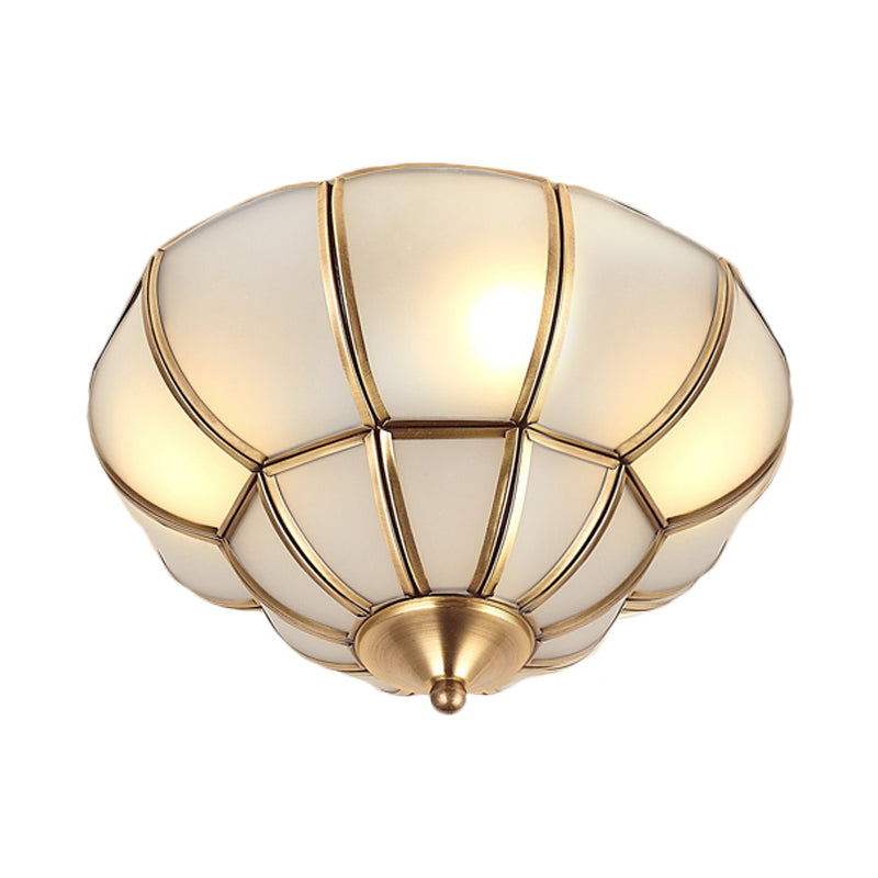 Colonialism Scallop Ceiling Mounted Light 11"/18" W 3 Bulbs Satin Opal Glass Flush Mount Chandelier in Brass