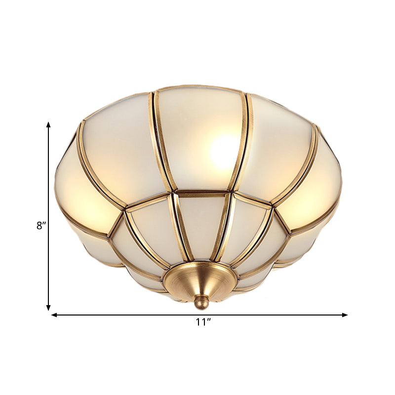 Colonialism Scallop Ceiling Mounted Light 11"/18" W 3 Bulbs Satin Opal Glass Flush Mount Chandelier in Brass